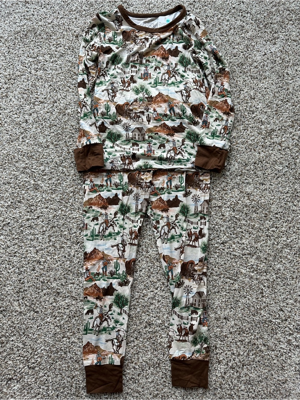 Kids Western Print Long Sleeve Bamboo Pajama Set - Brown Trim